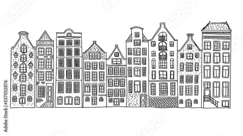 Houses facades in a row, Amsterdam hand drawn illustration. 