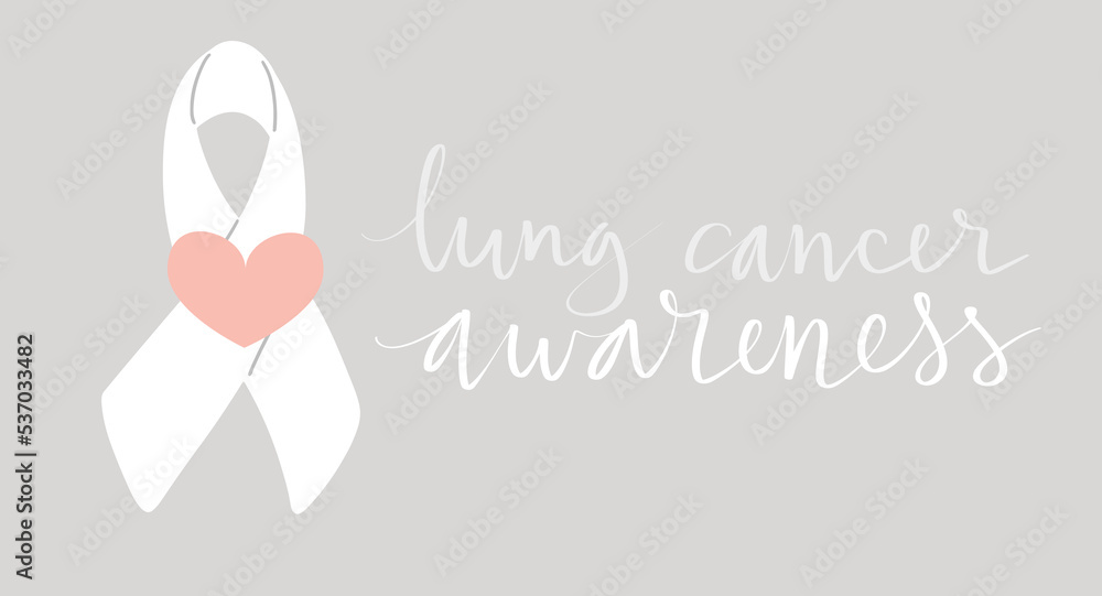 Obraz premium Lung cancer awareness month Novermber handwritten lettering. White support ribbon. Web banner vector