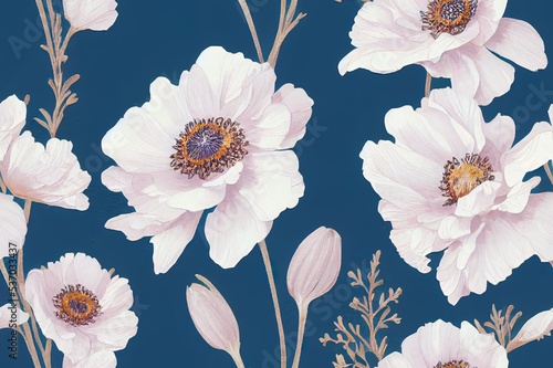 Canvas-taulu Seamless pattern of anemone and blooming flowers painted in watercolor on pastel background