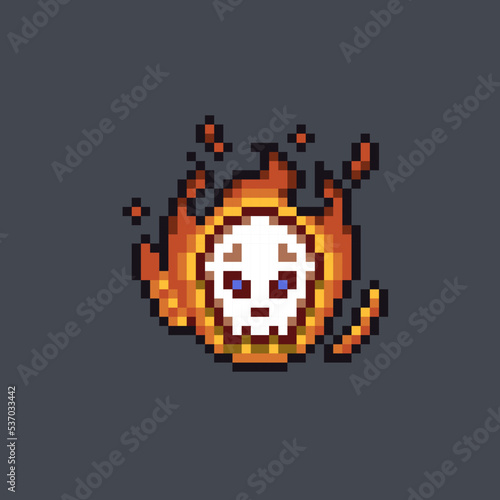 flamed skull head in pixel art style