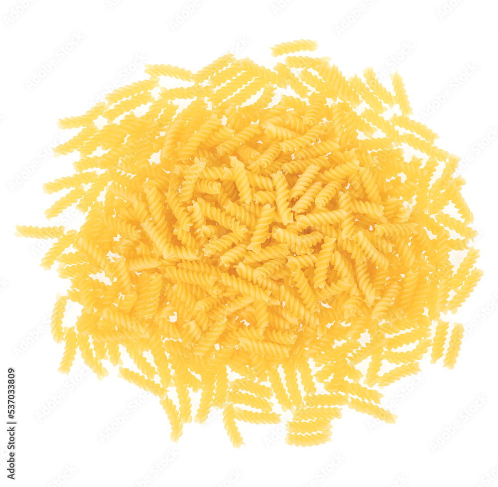 Obraz premium Spiral pasta isolated on white background. texture closeup