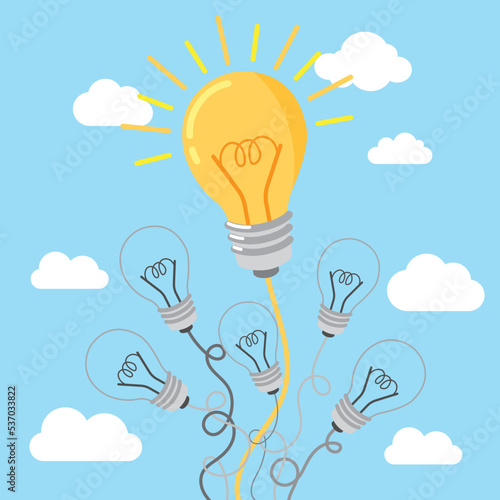 Electric light bulb, symbol of innovation and good ideas vector illustration. One lighted bulb among extinct on dark blue background. Generating ideas poster. Invention and solution cocept.