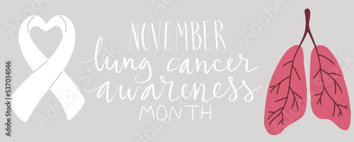 Lung cancer awareness month Novermber handwritten lettering. White support ribbon. Web banner vector