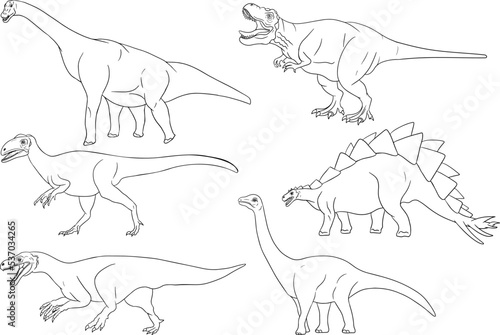 Hand drawn set of dinosaurs. Vector prehistoric animals illustration. Coloring book with dinosaurs