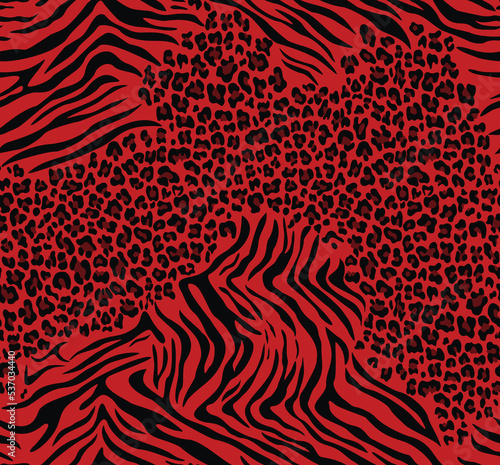 
Animal pattern leopard and zebra mix vector texture on red background seamless print