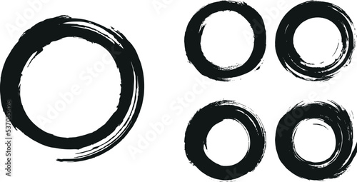 A set of Grunge round vector circles. Multiple Black paint brush vector. Textured drawn ring. Rough shape with circular elements. Black outline on white background. 