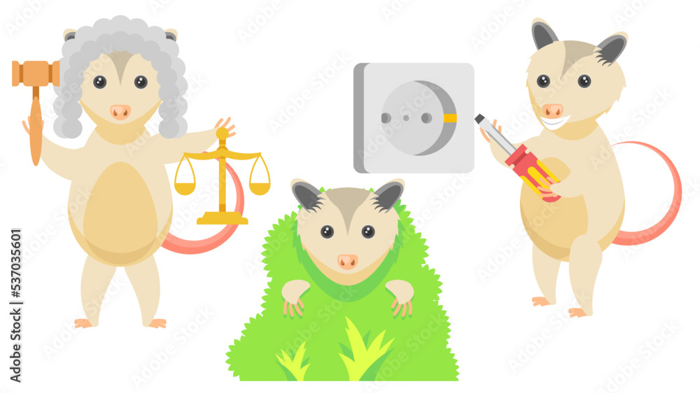 Naklejka premium Set Abstract Collection Flat Cartoon Different Animal Opossum Mounts The Socket, Judge With Scales And Gavel, Hiding In The Bushes Vector Design Style Elements Fauna Wildlife