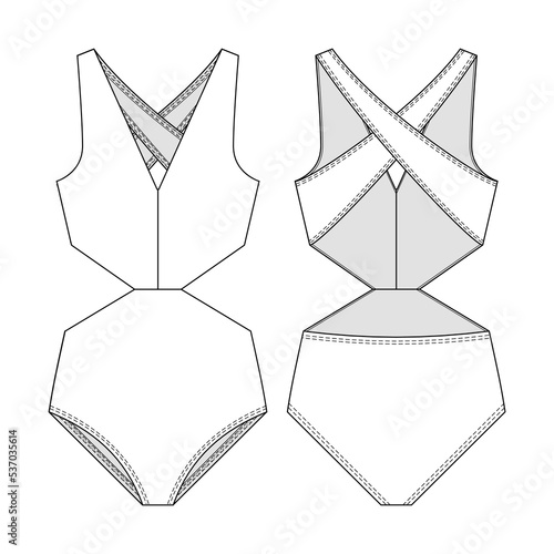 Fashion technical drawing of one piece cutout swimsuit 