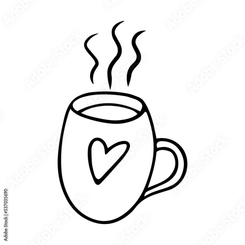 Doodle cup of tea with a heart on a white background. Vector illustration
