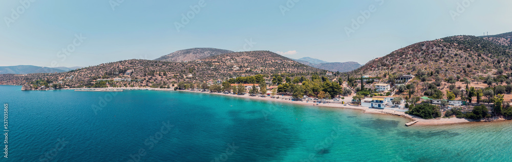 Antikyra Greece, aerial panorama. Coastal village boat marina and beach in Boeotia