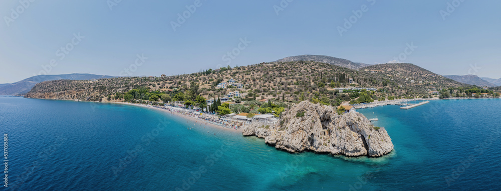Antikyra Greece, aerial panorama. Agios Isidoros sandy beach in Boeotia,