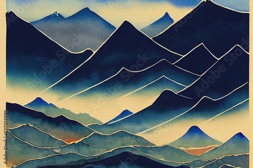 Blue and Indigo Fun Himalayas. Watercolour Korea Print. Contemporary Geometric Sketch. Stylized Japanese Watercolor Mountains. Asian Hiking Rocky Background. Mountain Illustration. © 2rogan