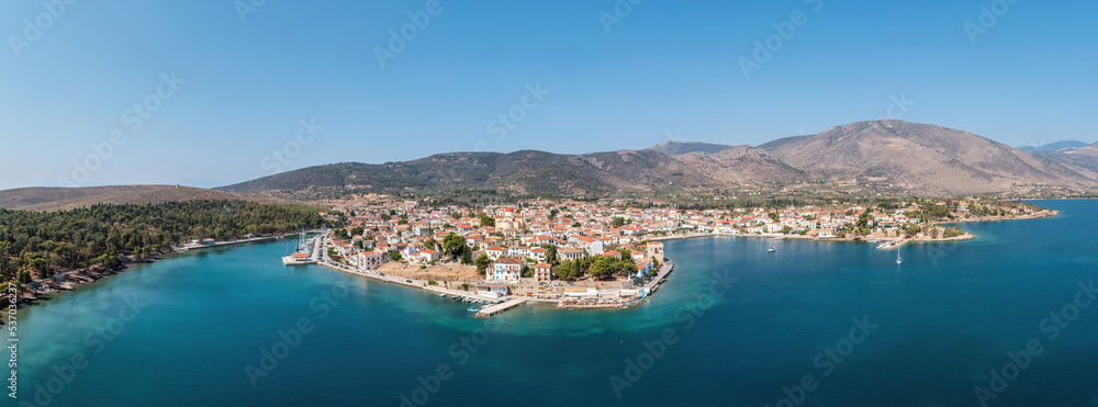 Galaxidi Greece, aerial panorama. Traditional town in Fokida, sunny day.