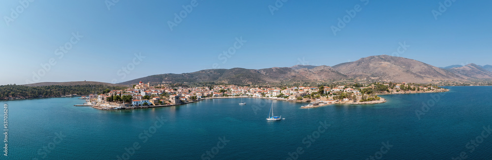 Galaxidi Greece, aerial panorama. Traditional town in Fokida, sunny day.