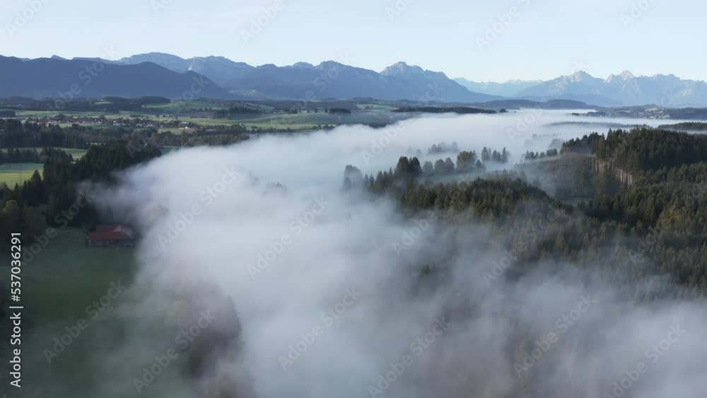 Aerial view of the river Lech with fog in autumn near Steingaden Aerial view of the river Lech with fog in autumn near Steingaden