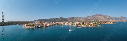 Fototapeta Naklejka Na Ścianę i Meble -  Galaxidi Greece, aerial panorama. Traditional town in Fokida, sunny day.