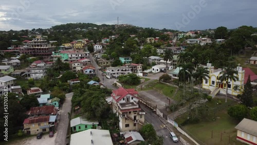 Aerial Drone view of colourful houses in the tropical city of San Ignacio, Belize. 