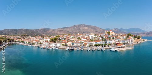 Galaxidi Greece from above, aerial drone view. Traditional town sunny day.