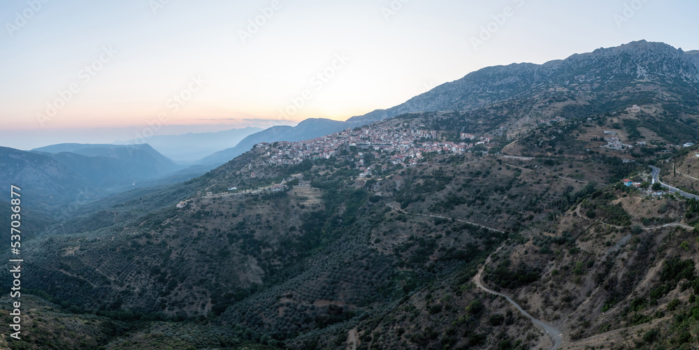 Naklejka premium Arachova Greece mountain town aerial drone view, Boeotia. Tourist resort