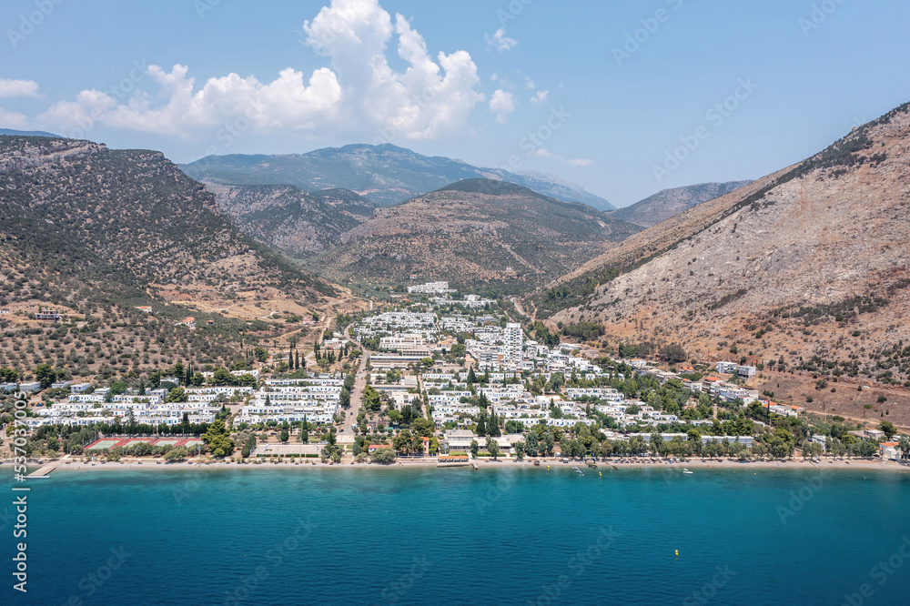 Greece, Aspra Spitia Village in Boeotia aerial panoramic drone view.