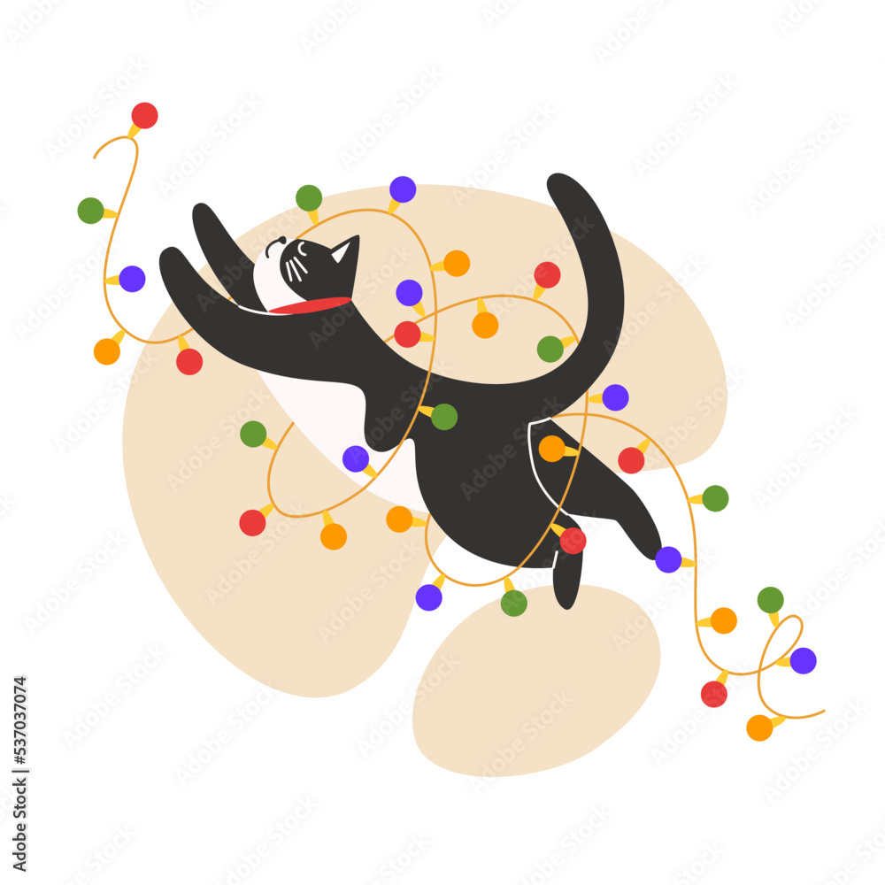 Naklejka premium Cat plays wits a Christmas garland