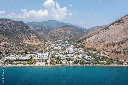 Greece, Aspra Spitia Village in Boeotia aerial panoramic drone view.