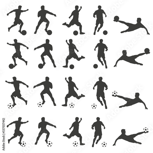 set of silhouettes of football players with the ball in different poses