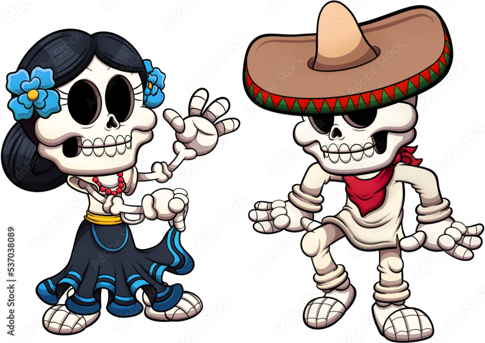 Dancing Mexican skeletons. Vector clip art illustration with simple ...