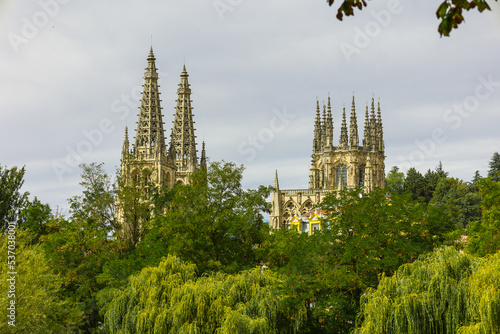 City of Burgos - Spain. Place of Rey San Fernando with Cathedral of Saint Mary in Burgos. Burgos is a city in northern Spain and the historic capital of Castile.