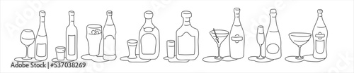 Wine vodka beer tequila rum martini champagne vermouth bottle and glass outline icon on white background. Black white cartoon sketch graphic design. Doodle style. Hand drawn image. Party drinks