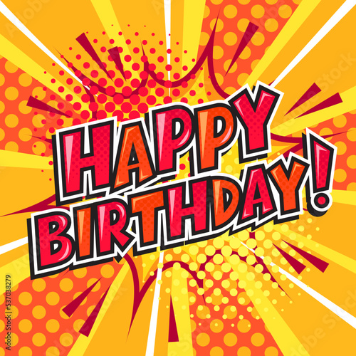 Happy birthday words banner pinup pop art retro vector illustration. Comic book style imitation.