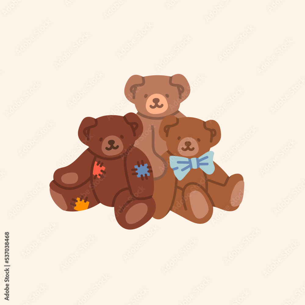 Three teddy Bears. Bear hug. Funny characters. Valentines day, love, romance, toy, gift concept. Cartoon style. Hand drawn colorful Vector illustration. Greeting card, print, design template Three teddy Bears. Bear hug. Funny characters. Valentines day, love, romance, toy, gift concept. Cartoon style. Hand drawn colorful Vector illustration. Greeting card, print, design template