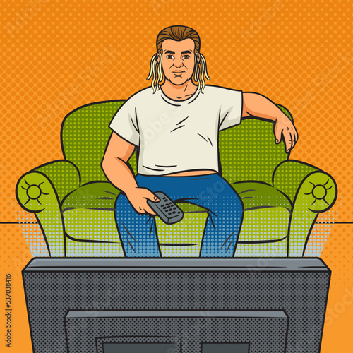 Man in front of TV with noodles on his ears pinup pop art retro vector illustration. Metaphor for propaganda and deception from television. Comic book style imitation.