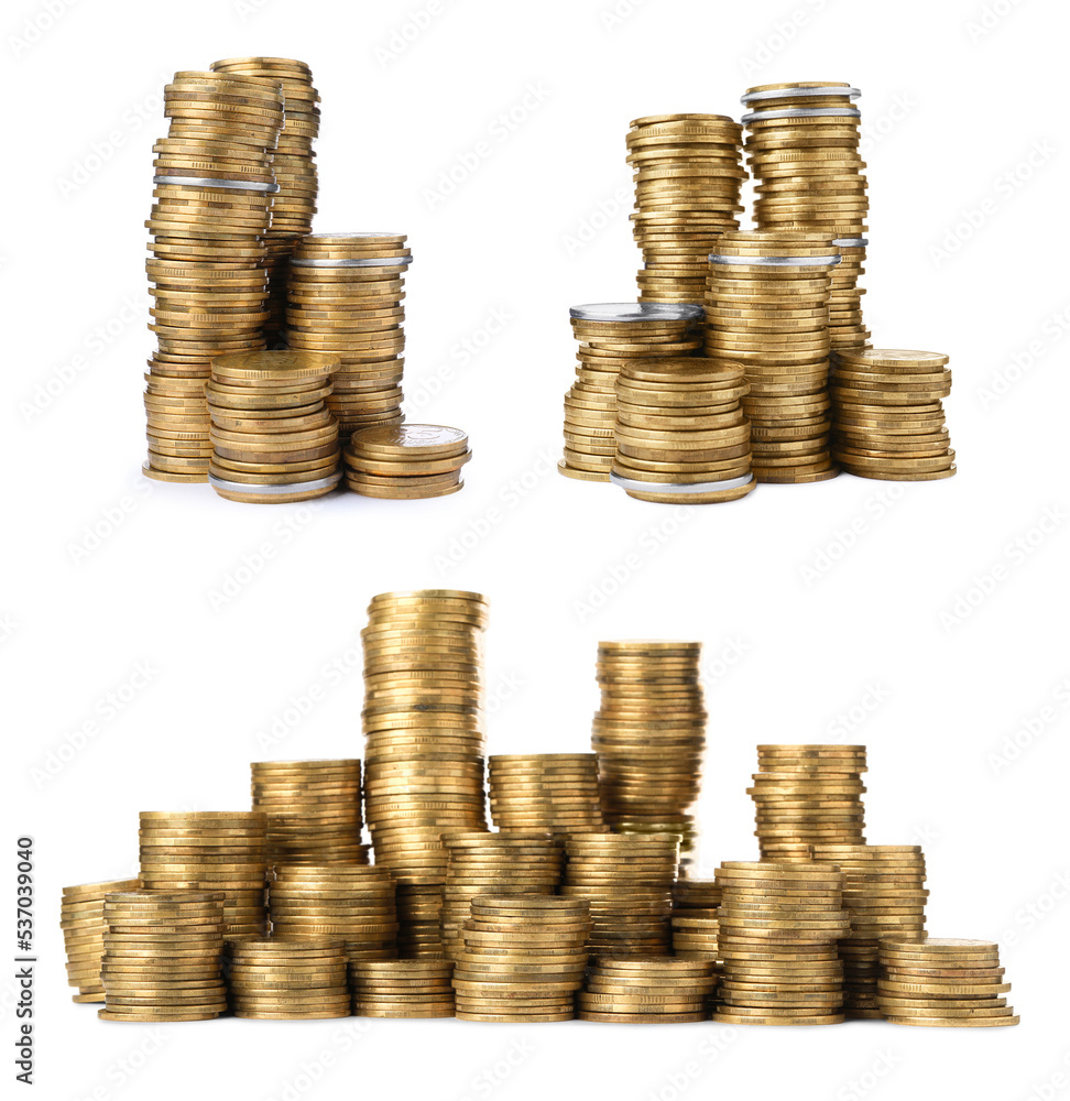 Set with different coins stacked on white background Set with different coins stacked on white background