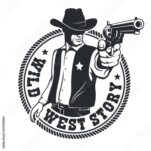 Western cowboy pointing a gun - retro badge. Wild west vintage logo with sheriff.