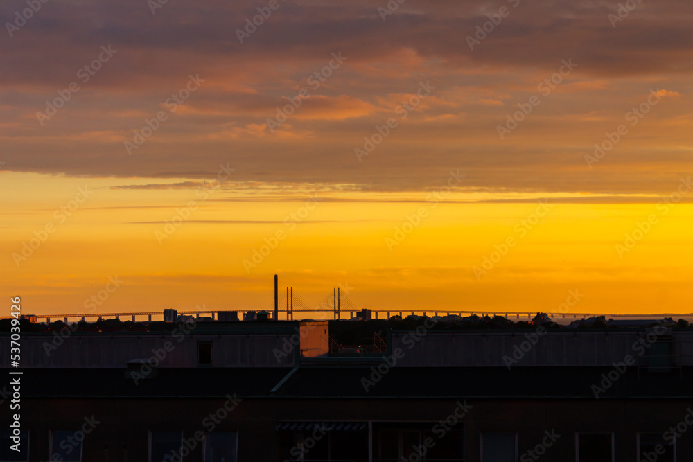 Beautiful sunset over the bridge Oresund Beautiful sunset over the bridge Oresund