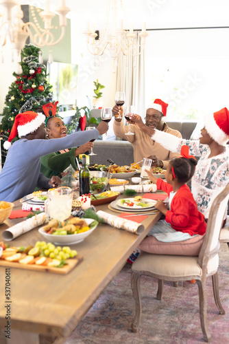 Vertical picture of african american family having christmas meal and drinking wine