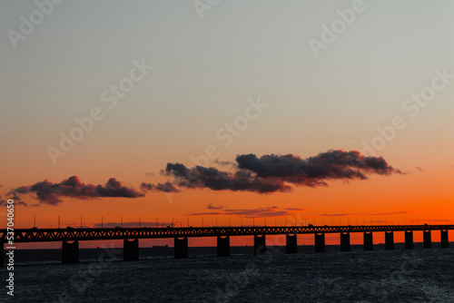 Beautiful sunset over the bridge Oresund