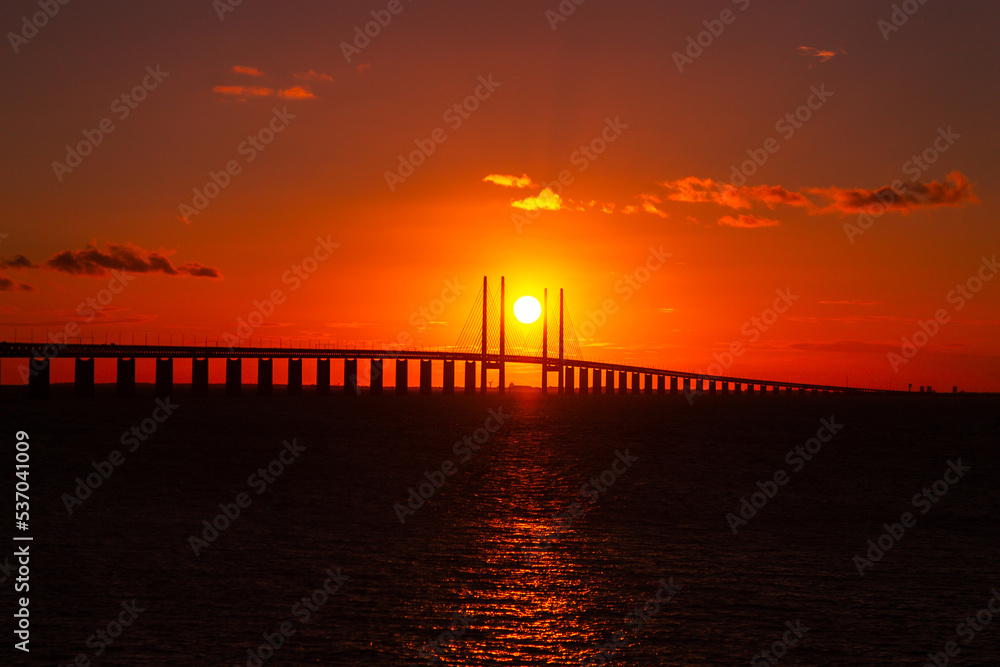 Beautiful sunset over the bridge Oresund