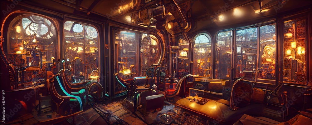 steampunk interior, cyberpunk club with neon lights, fantasy retro