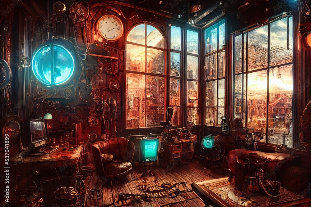 steampunk interior, cyberpunk club, fantasy retro room, fictional interior  created with generative ai Stock Illustration | Adobe Stock