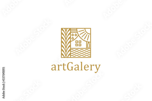 Art galery frame border pattern logo design luxury gold line style roof house photo
