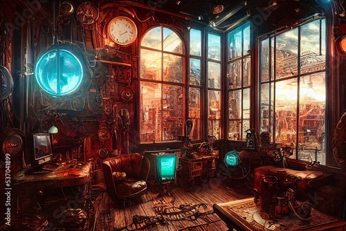 steampunk interior, cyberpunk club, fantasy retro room, fictional interior created with generative ai photo