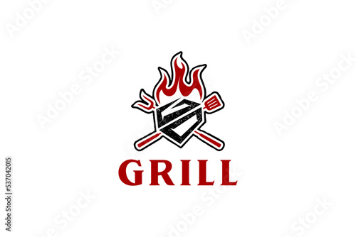 Barbecue bbq grill restaurant food drink logo design - barbeque fire meat sausage spatula element G D initial letter