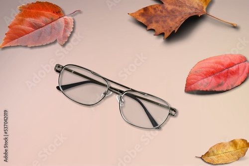 Modern eyeglasses for a goood vision and autumn leaves photo