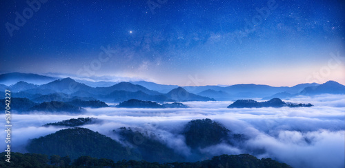 Beautiful panoramic view starry sky above of mountain range in Lam Dong province, Vietnam