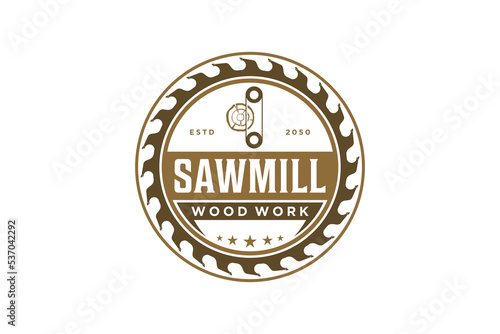Capenter wood work logo design sawmill machine circular saw vintage timber lumberjack workshop wood log element