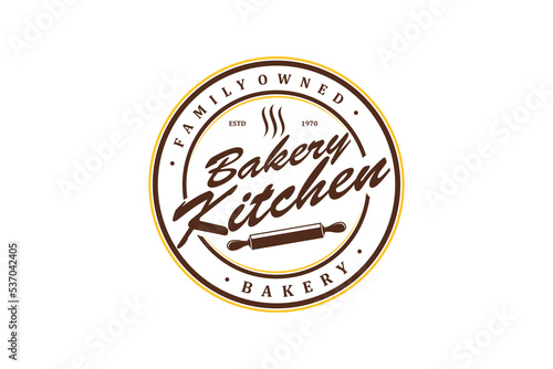 Bakery kitchen logo design with rolling pin cake bake icon vintage badge food drink