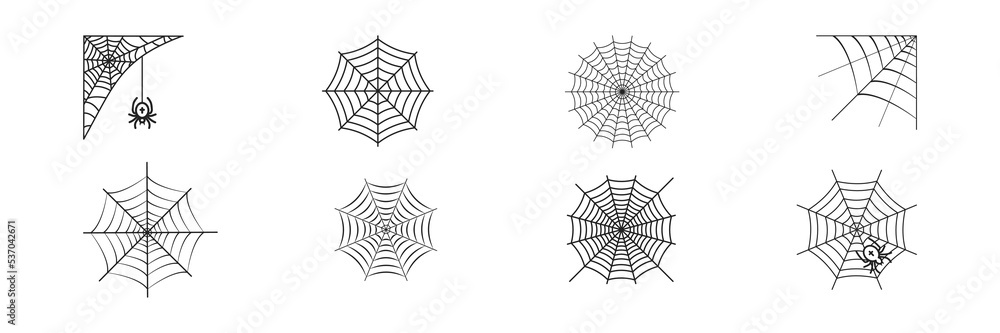 Spiderweb icon set. Halloween design. Concept of horror. Spooky. Web, cobweb, signs. Gothic, tattoo, trap symbol.