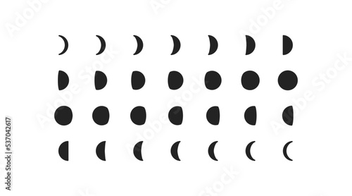 Moon cycle icon set. Flat design. Concept of lunar calendar. Satelite, crescent sign. Moonlight symbol.